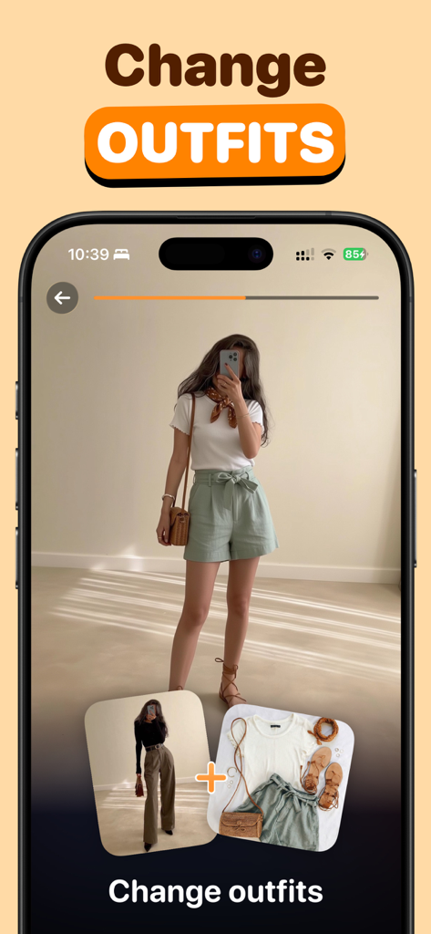 Virario: AI Video Generator - Tela de smartphone exibindo o recurso do aplicativo Virario para mudar roupas de moda usando IA em uma persona digital.