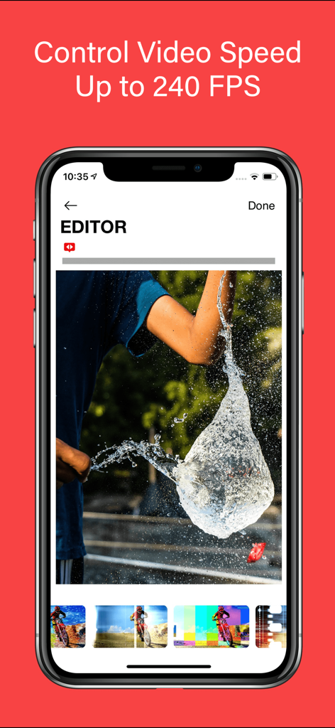Capture d'écran de l'application Slow Motion Video Editor montrant un montage vidéo haute vitesse à 240 images par seconde avec l'éclatement d'un ballon d'eau