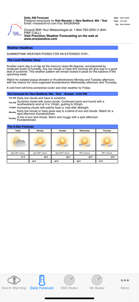 Precision Weather Forecasting - Daily weather forecast report for New Bedford Massachusetts in the Precision Weather Forecasting mobile app showing a detailed local weather story and five day outlook.