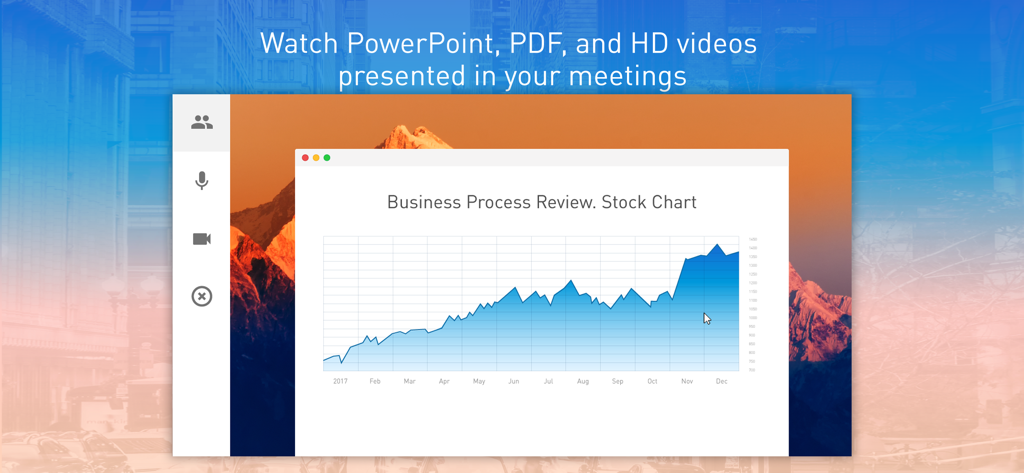 AnyMeeting mobile app interface showing a business presentation slide with a stock chart