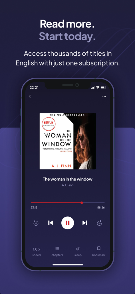 Voxa app screenshot showing an audiobook player playing The Woman in the Window with playback controls and a prompt to access thousands of English titles.
