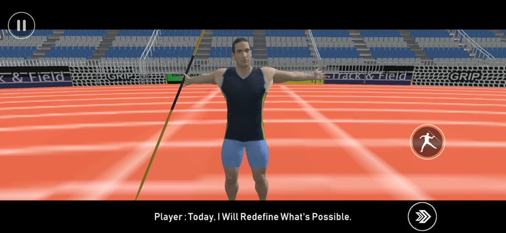 Javelin Throw Game 3D - A 3D athlete standing on a track field holding a javelin in a stadium with a motivational quote