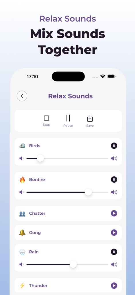 Anxiety Tracker: Mood Journal - Interfaz del mezclador de sonidos de relajación de la aplicación Rastreador de Ansiedad.
