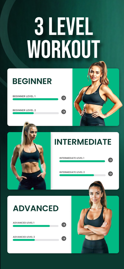 Interfaz mostrando niveles de entrenamiento Principiante, Intermedio y Avanzado en la Aplicación de Entrenamiento para Perder Peso
