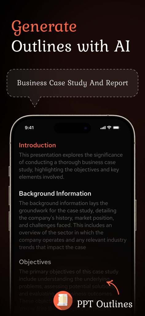 Ai PPT Maker App : PPT Editor - Una interfaz de aplicación móvil que muestra esquemas de presentación generados por IA para un caso de estudio de negocios