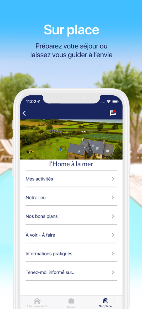 Happy House - Happy House app interface showing concierge services and activities for a premium seaside property stay.