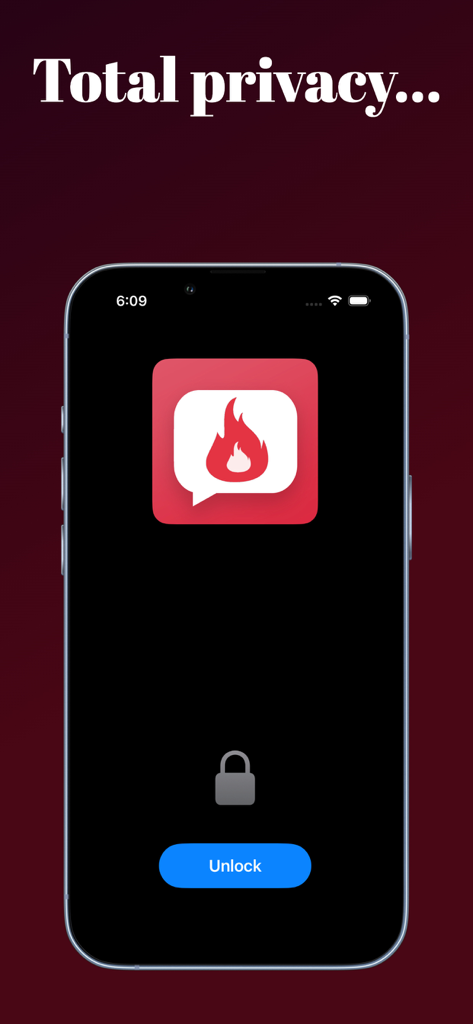 Un smartphone affichant l'icône de l'application Spicy Chat AI avec une icône de verrouillage et un bouton de déverrouillage sous le titre Confidentialité totale