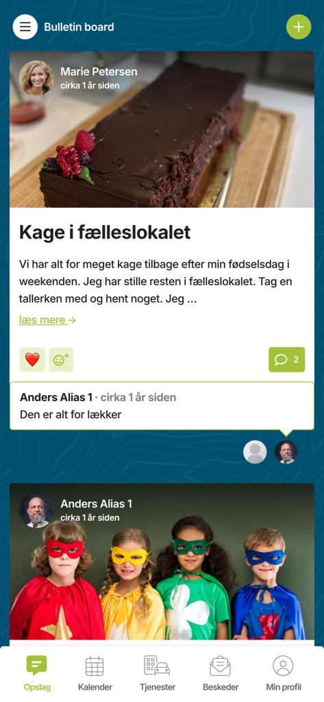 Plushusene - Screenshot of the Plushusene app bulletin board showing resident posts about shared cake and community events