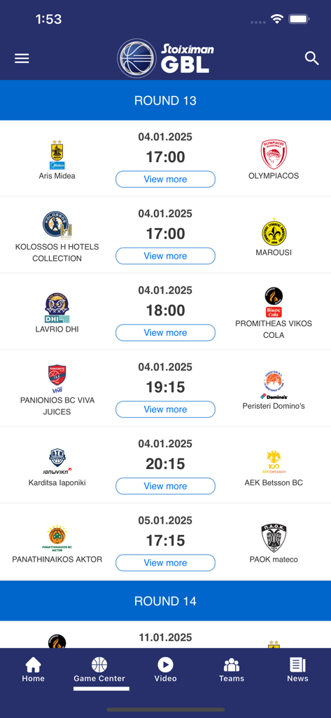 Stoiximan GBL - Screen from the Stoiximan GBL app displaying the basketball match schedule for Round 13 including teams like Olympiacos and Panathinaikos
