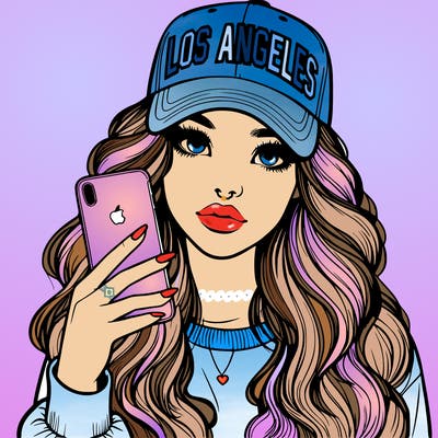 realistic beautiful girl wearing los ángeles cap holding an iphone
