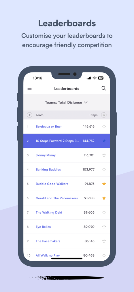 Big Team Challenge - Leaderboard screen in the Big Team Challenge app showing corporate team rankings and step counts