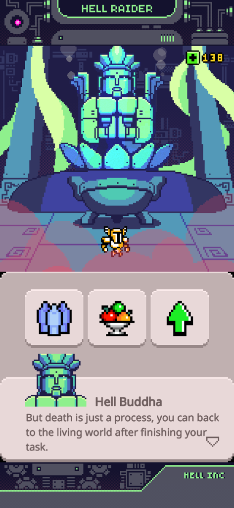 Gameplay in pixel art di un cavaliere che interagisce con Hell Buddha in un'ambientazione underworld fantascientifica