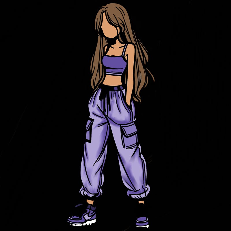 girl in baggy pants crop top and long hair