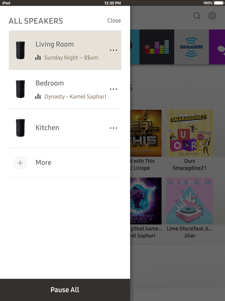 Interface of the Samsung Wireless Audio Multiroom iPad app showing speaker controls for different rooms including living room, bedroom, and kitchen.