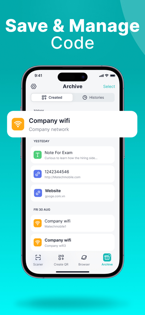 QR Code Reader & Scanner・ - Archive screen of the QR Code Reader app showing a list of saved and organized codes on an iPhone