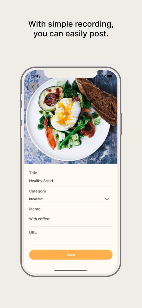 Dish Diary: Connect with Food - Dish Diaryアプリの食事記録画面を表示するモバイルインターフェース、健康的なサラダの写真付き