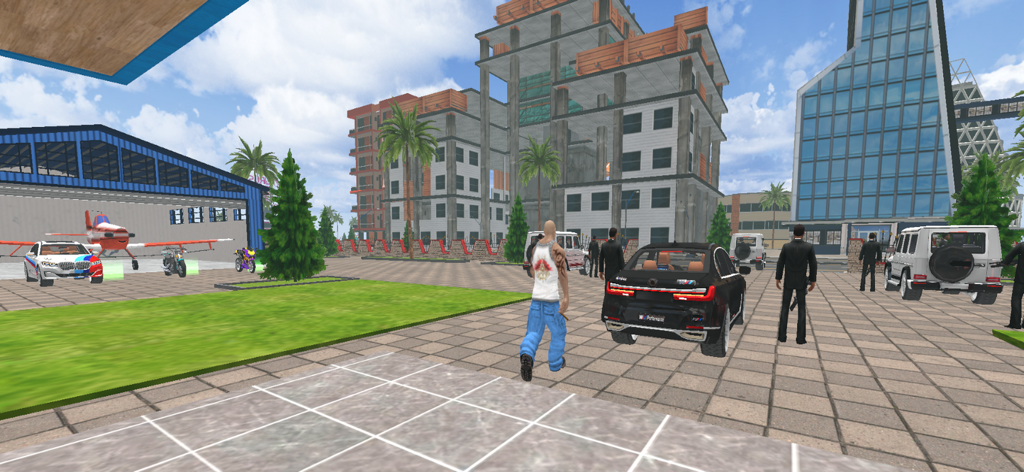 A mafia character at a private base with luxury cars and a plane in Ambush Mafia Gangster Games
