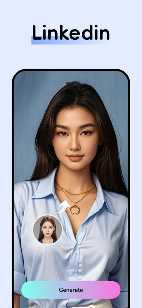 闪秀 - 高颜值写真照片、 一键换装秒出大片 - AI photo generator interface showing a professional LinkedIn portrait being created from a selfie