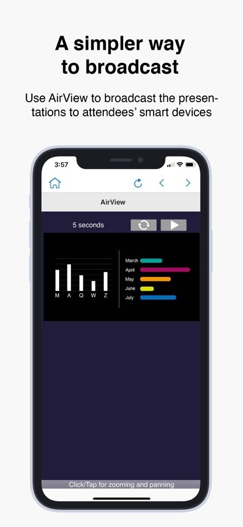 Interfaz de la aplicación EZCast Pro que muestra la función AirView para transmitir presentaciones a dispositivos móviles.