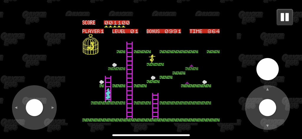 Chuckie Egg Remake - Jogabilidade de Chuckie Egg Remake em celular mostrando o nível 1 com gráficos de pixel de 8 bits e controles na tela.