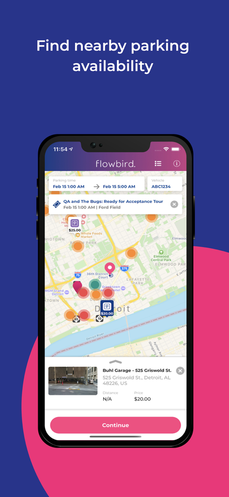 Flowbird parking app interface showing available parking spots and prices on a city map