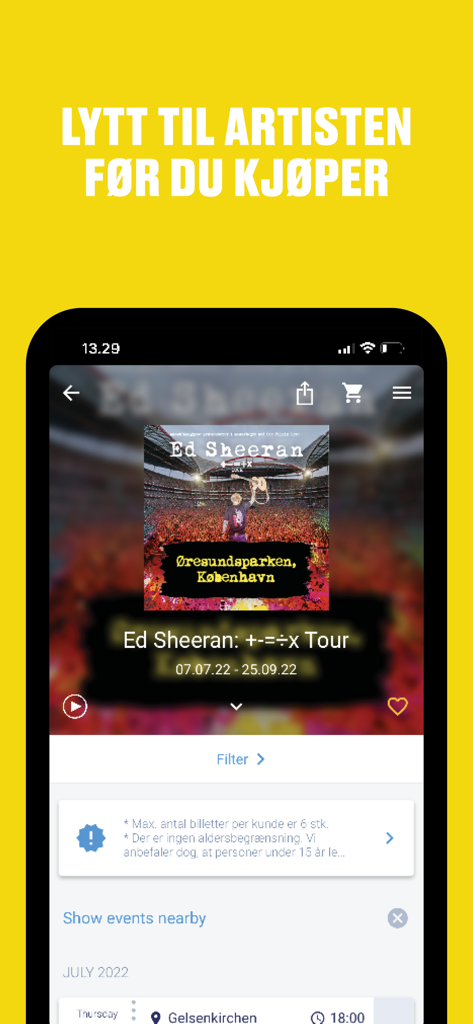 Eventim Norge - Mobile interface of the Eventim Norge app displaying Ed Sheeran concert information and a play button to listen to the artist