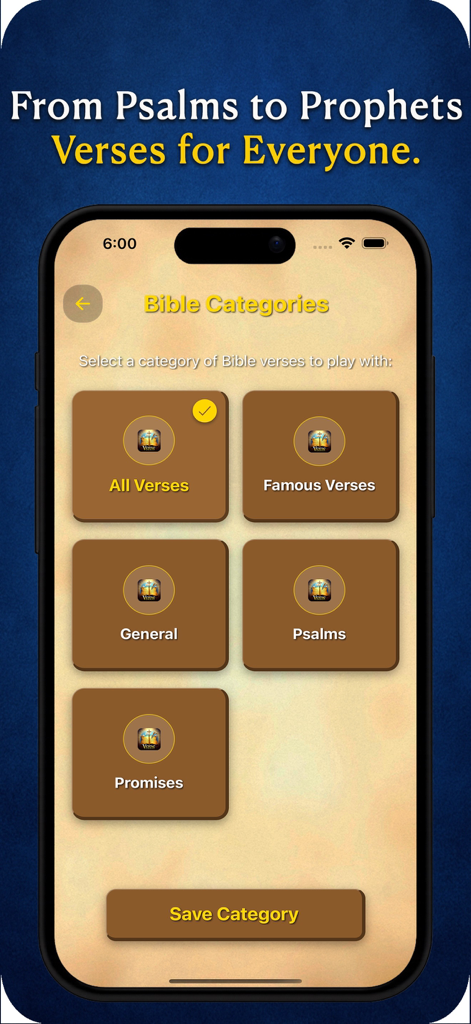 Verse Pursuit - Una interfaz móvil para seleccionar categorías de versículos bíblicos en Verse Pursuit.