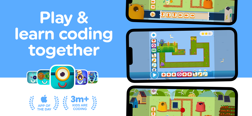 Promotional banner for Code Land app featuring visual coding games for children and App of the Day badge