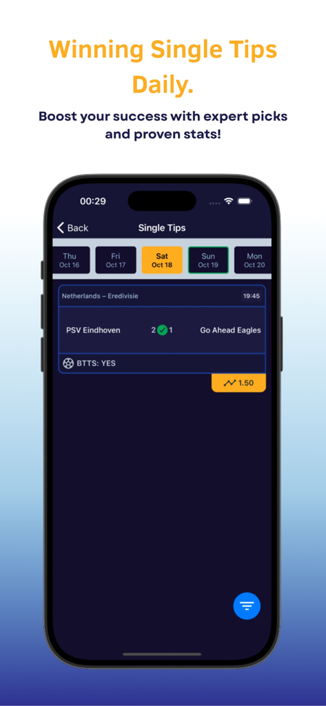 Interface do aplicativo móvel Betting Tips AI mostrando uma única dica para uma partida de futebol entre PSV Eindhoven e Go Ahead Eagles com uma previsão BTTS.
