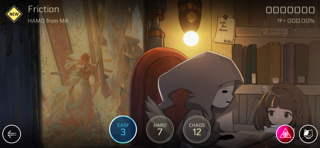 Cytus II song selection screen for Friction by Mili showing difficulty levels and character artwork