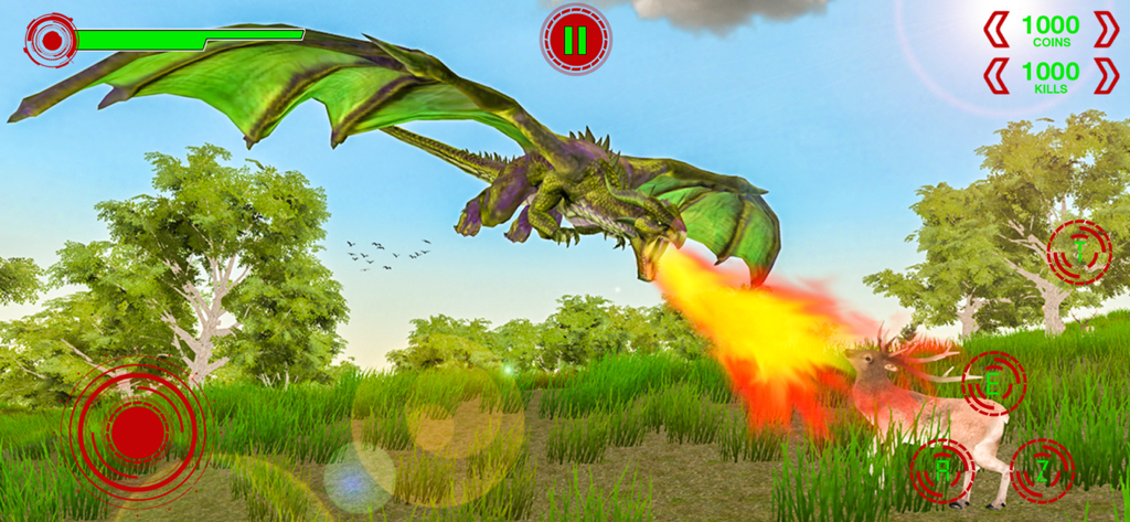 Avalon Story of Flying Dragon - A green dragon breathing fire at a deer in a grassy field from the Avalon Story of Flying Dragon game