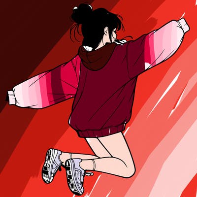 realistic girl jumping with a bun and oversized sweatshirt