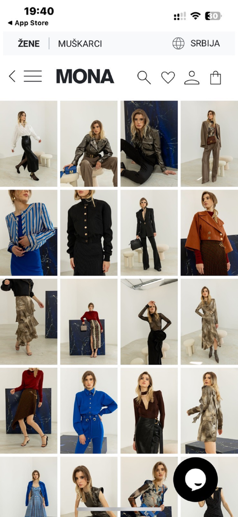 A grid of high-end women's apparel and editorial fashion photography on the MONA mobile shopping app interface.