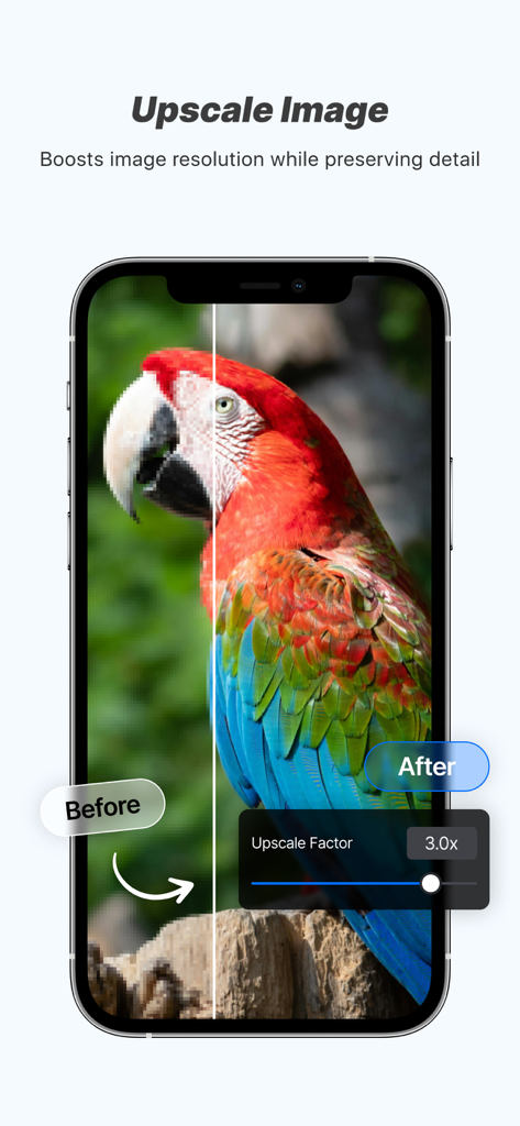 Flow Studio: AI Photo & Design - 解像度を3倍にしたAIアップスケールされたオウムの画像のビフォーアフター比較を示すモバイルインターフェース
