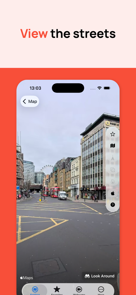 Street View 360° Panorama Maps - Mobile App-Oberfläche, die eine 360-Grad-Straßenansicht von London mit roten Bussen und dem London Eye zeigt