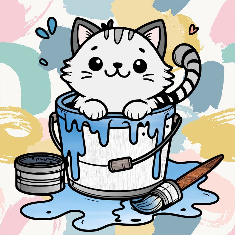 a cute cat in a bucket of paint, with details around it