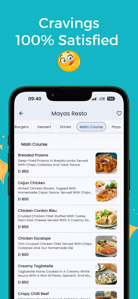 Captura de pantalla de la aplicación Indil mostrando un menú de restaurante de Mayas Resto con varios platos principales y precios.