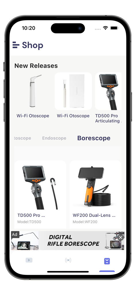 Smart Endoscope - In-app shop displaying various endoscope and otoscope models for purchase.