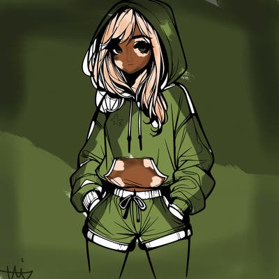 realistic girl in shorts and hoodie