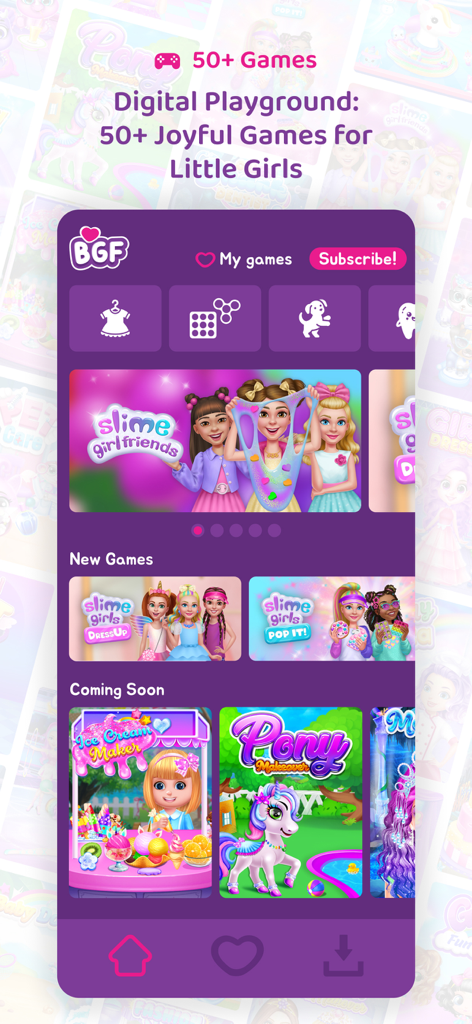 Girls Games! +1000 Kids Games - Interfaz de la aplicación móvil de parque de juegos digital que muestra una variedad de juegos para niñas, incluyendo slime, disfraces y cambio de imagen de ponis