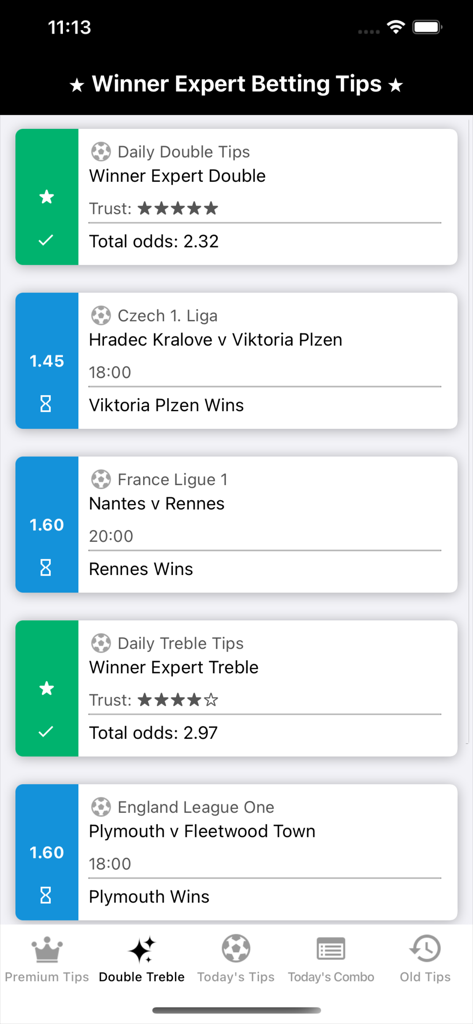 Winner Expert Betting Tips app screen displaying daily double and treble soccer predictions for various leagues including France Ligue 1 and England League One with corresponding odds and trust ratings.