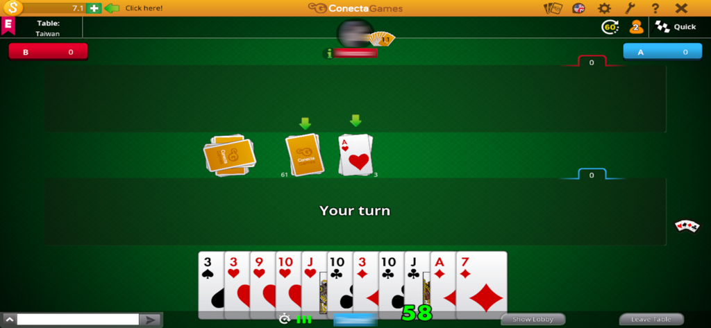 Buraco STBL - Buraco STBLのデジタルカードゲームインターフェース。プレイヤーの手札と、自分のターンの緑色のゲームテーブルが表示されています。