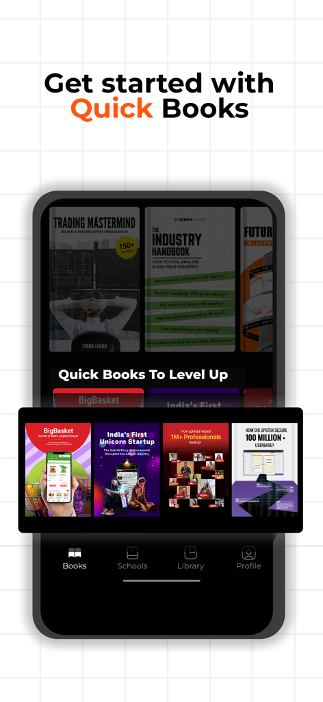 Interface do aplicativo móvel ZebraLearn mostrando uma seleção de livros rápidos de negócios e finanças para desenvolvimento de habilidades profissionais