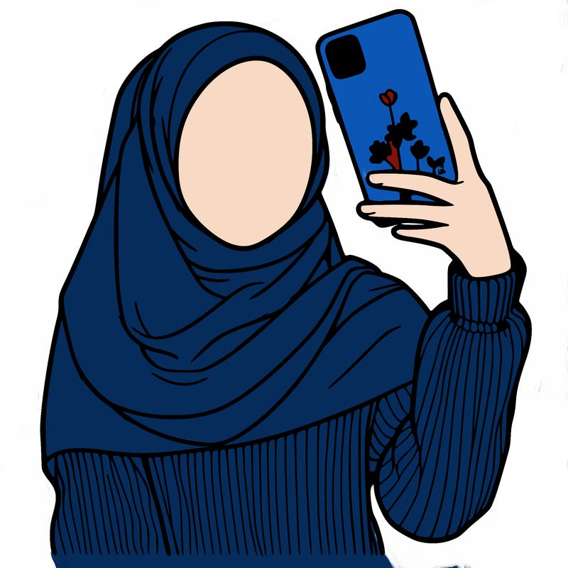 a hijab girl wearing a cream colored hijab that covers her hair and neck and a white sweater with a ribbed cuff on her right wrist she is holding a cell phone with a pink case that has two purple flowers on the back and her right index finger is extended to take a selfie.