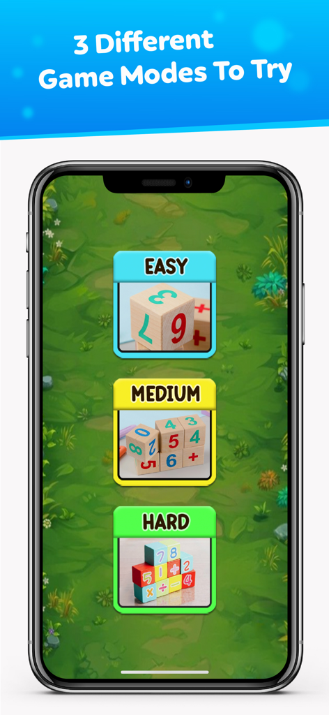 Brain Test: Food Math IQ Boost - Selection screen showing easy medium and hard game modes in the Brain Test Food Math app