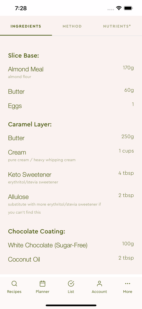 Welle Club - Keto recipe ingredients list in the Welle Club app showing base caramel and chocolate layers