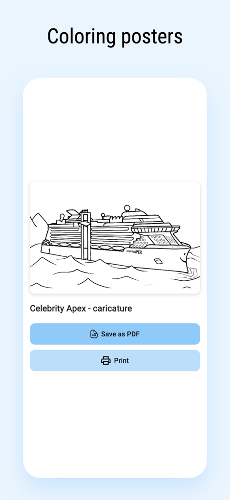CruiseLegend - A coloring page of the Celebrity Apex cruise ship caricature with buttons to save as PDF and print.