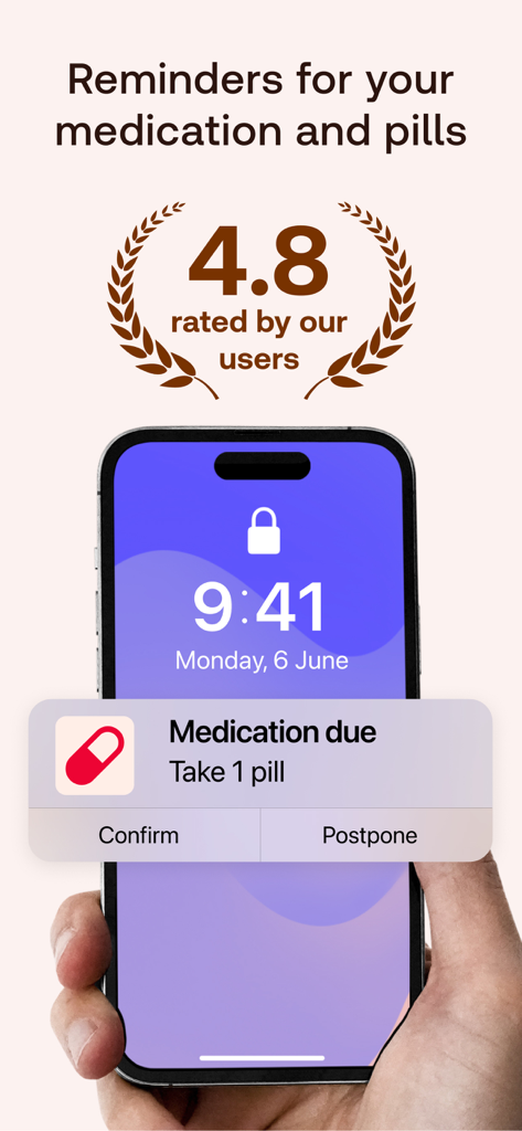 Medication reminder notification on a smartphone screen with a 4.8 user rating