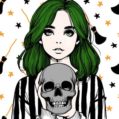 realistic girl holding a skull