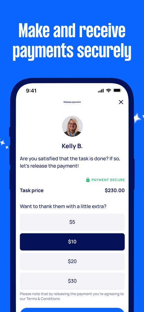 Airtasker - Airtasker mobile app screen for releasing secure payments and adding tips to taskers